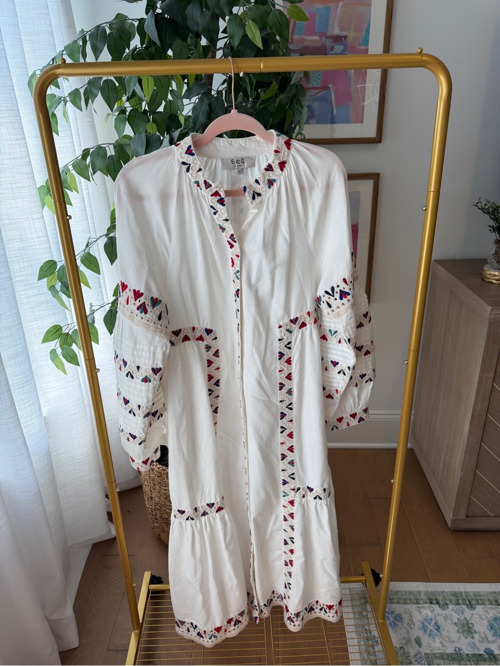 Sea White Maxi Dress with Multicolor Embroidery